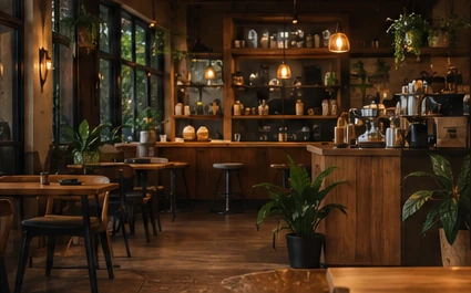 AI-generated imagined café interior with plants and timber furniture