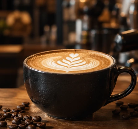 AI-generated latte in a black ceramic cup